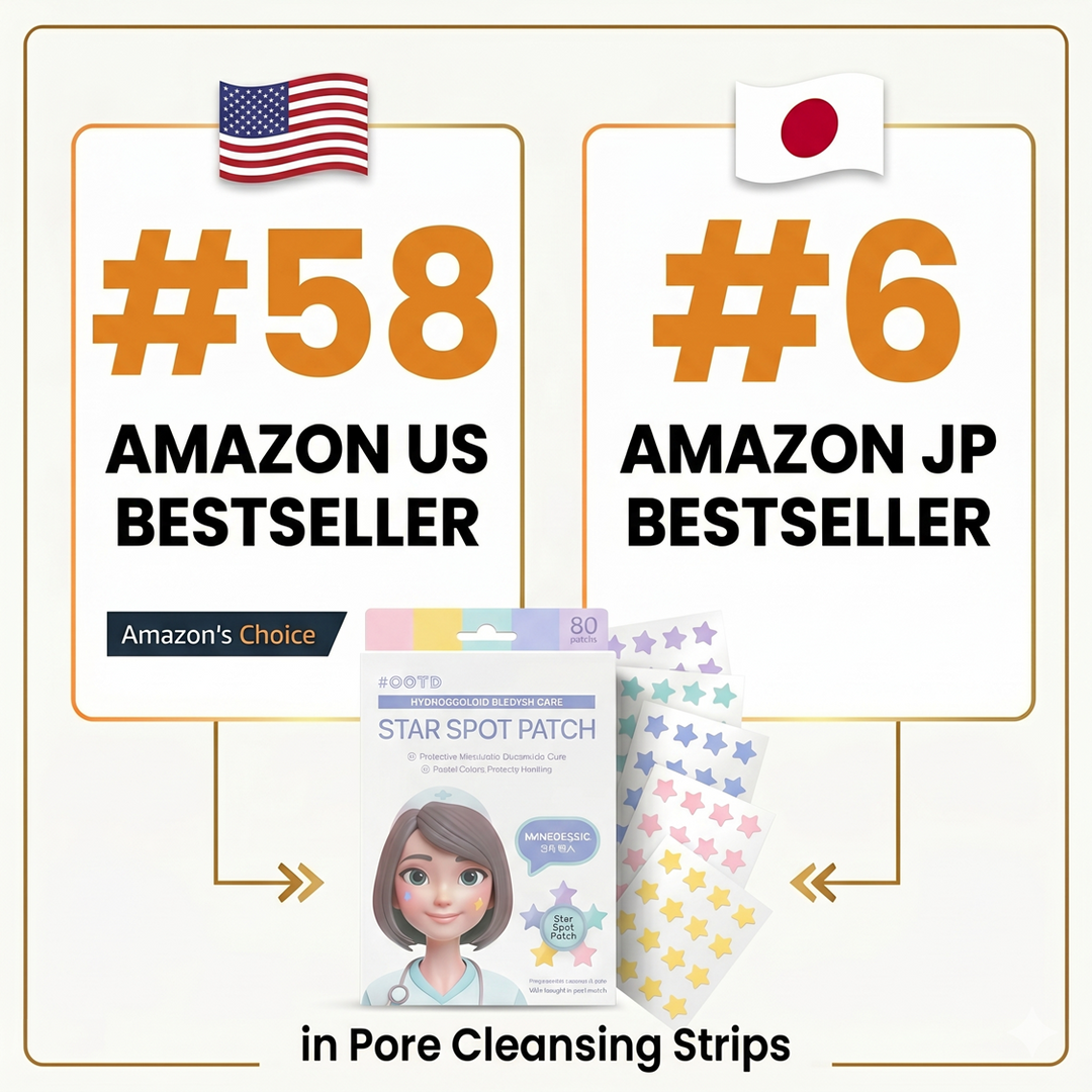 Amazon's Choice star acne patch US Japan ranking K-beauty hydrocolloid  ·  Source: Amazon US / Amazon Japan